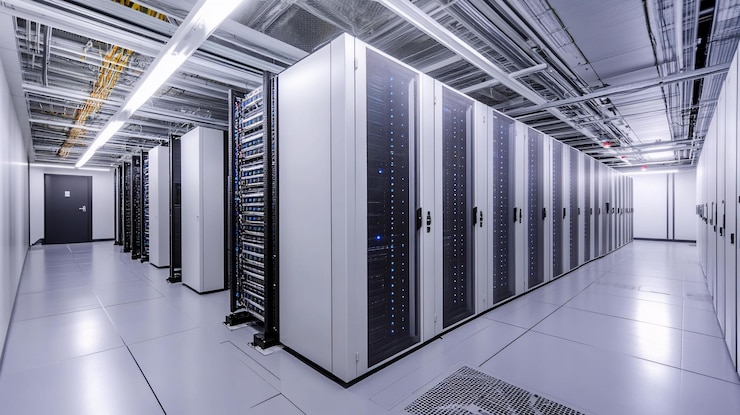 PSD modern server rack room with rows of white and dark gray server cabinets hightech infrastructure interior shot of a data center