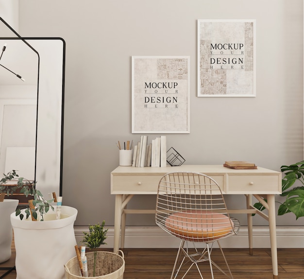 PSD modern and simple study room design with mockup poster frame