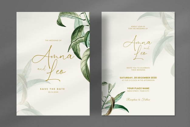 Modern and simple wedding invitation with vintage leaves ornament