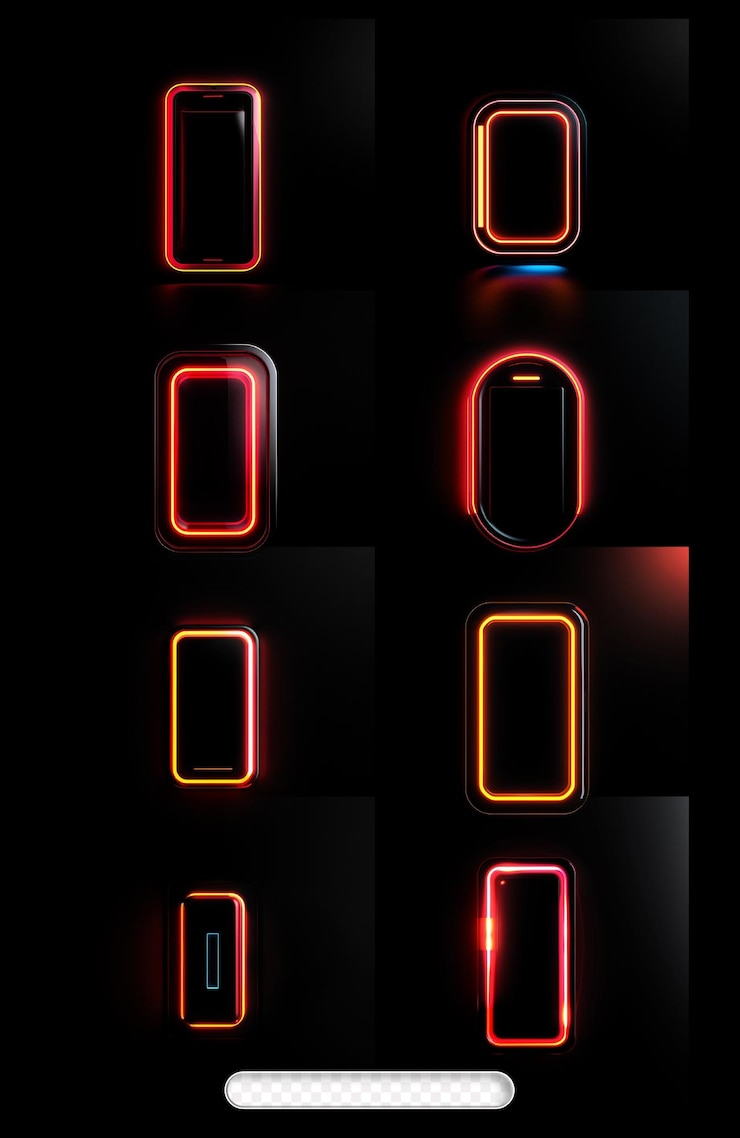PSD modern smartphone design mockup set with vibrant neon glow on a dark background