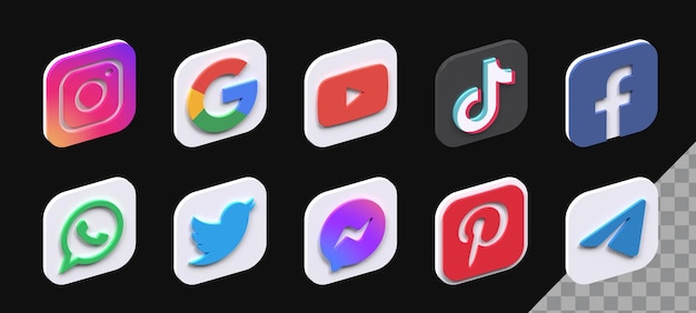 Icona moderna dei social media 3d ad alta risoluzione impostata nella vista in alto a sinistra