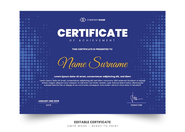 PSD modern solid blue certificate design template