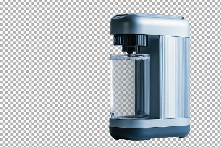 PSD modern sparkling water maker on countertop with clear glass filled halfway