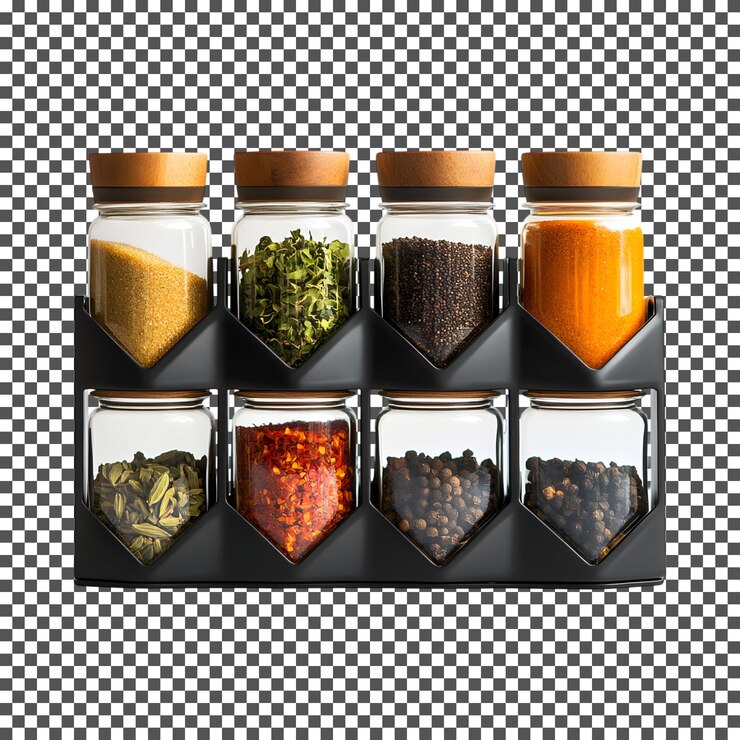 PSD modern spice rack with glass jars isolated on transparent background