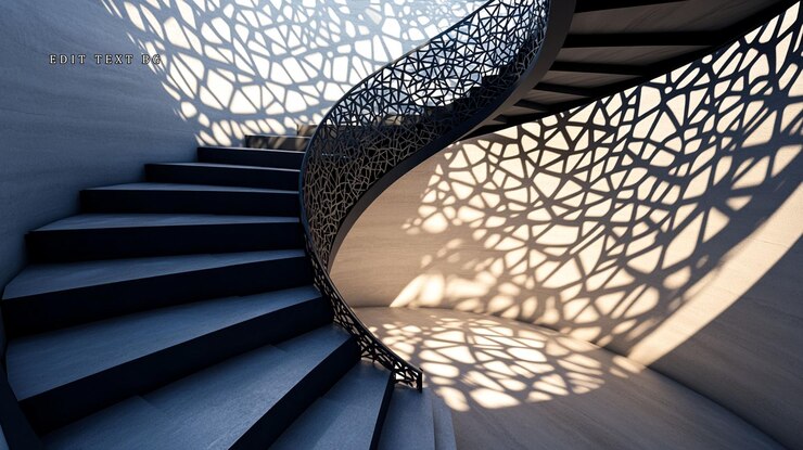 PSD modern spiral staircase with intricate metal railing casting geometric shadows on a curved wall