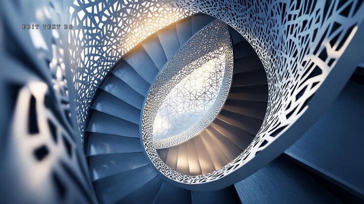 PSD modern spiral staircase with intricate metalwork detail illuminated from above