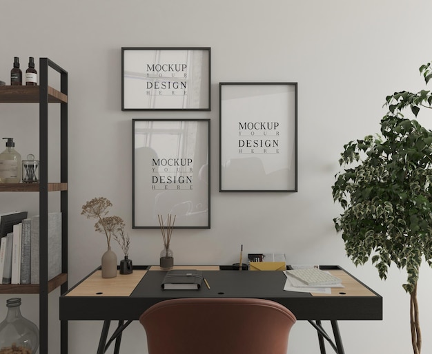 modern study room with desk and mockup poster 3d rendering