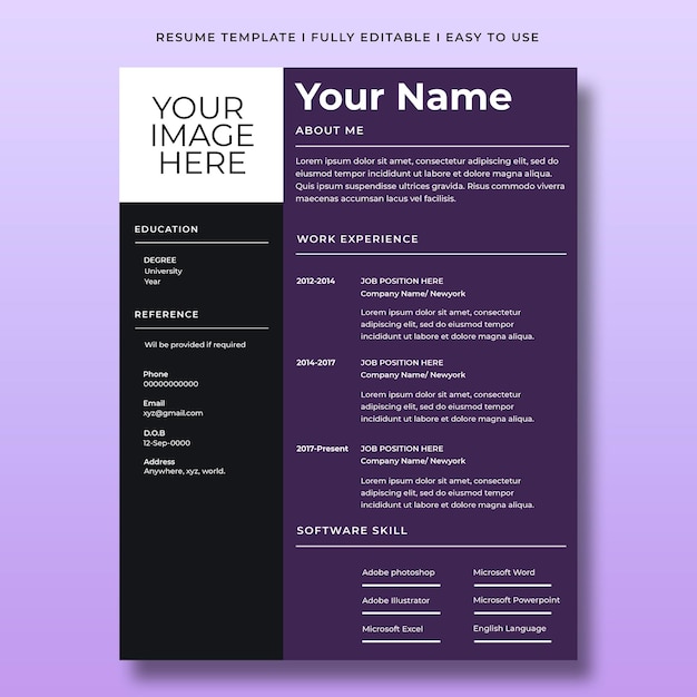 PSD modern style black purple resume template