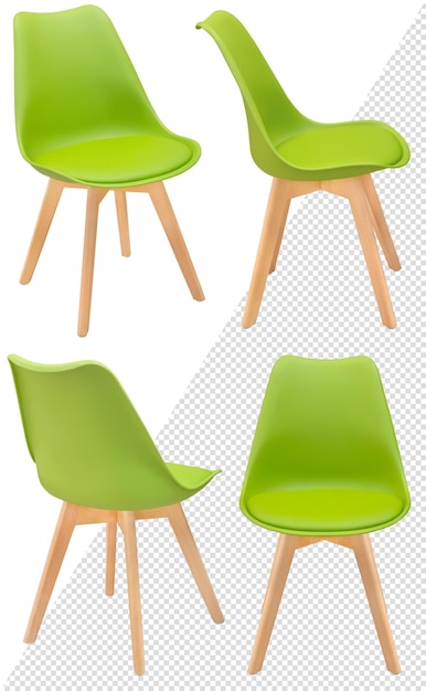 Modern stylish plastic chairs with wooden legs in different angles of green color. isolated from the