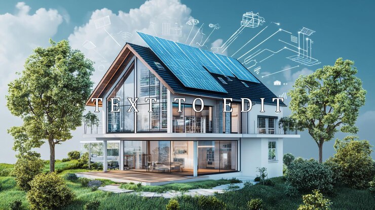 PSD modern sustainable house with solar panels and architectural blueprints