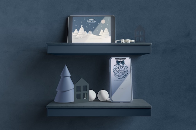 PSD modern tablet on shelf with christmas theme