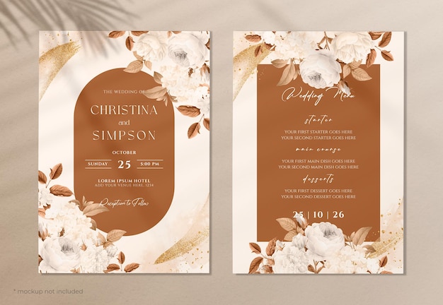 PSD modern terracotta boho wedding invitation template set with white floral and leaves decoration