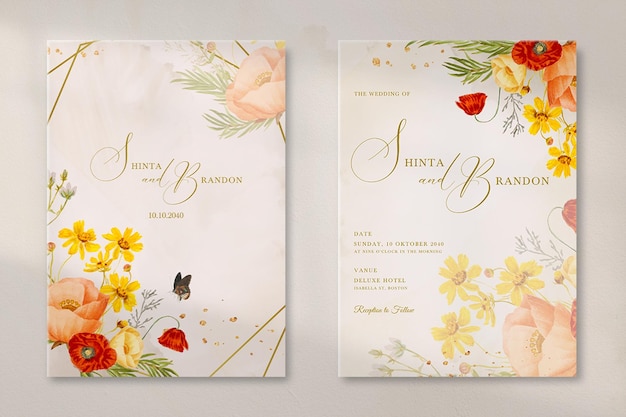 PSD modern vintage wedding invitation with garden flower bouquet