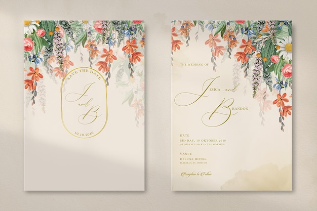 Modern Vintage Wedding Invitation with Garden Flower Bouquet