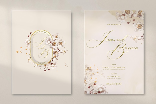 PSD modern vintage wedding invitation with white flowers