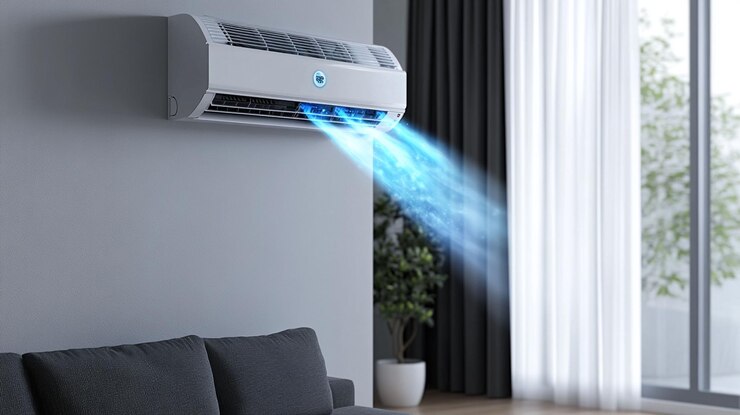 PSD modern wallmounted air conditioner blowing cool air in a living room