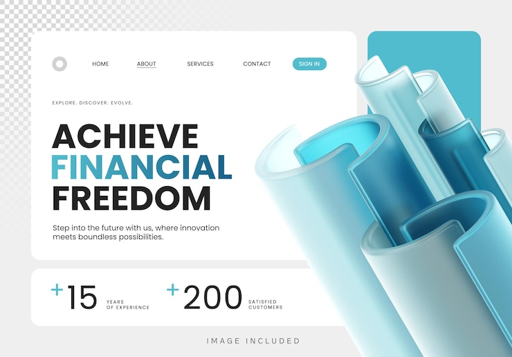 PSD modern web design concept achieve financial freedom glassmorphism 3d elements landing page template