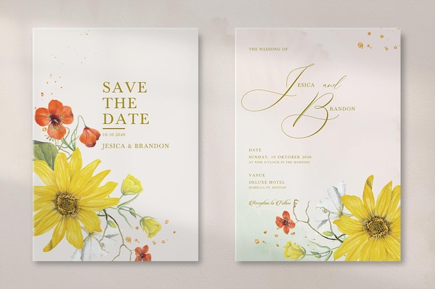 PSD biglietto d'invito per matrimonio moderno con bouquet di fiori d'epoca