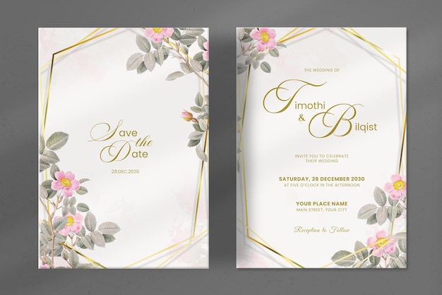 PSD modern wedding invitation template with green leaves ornament