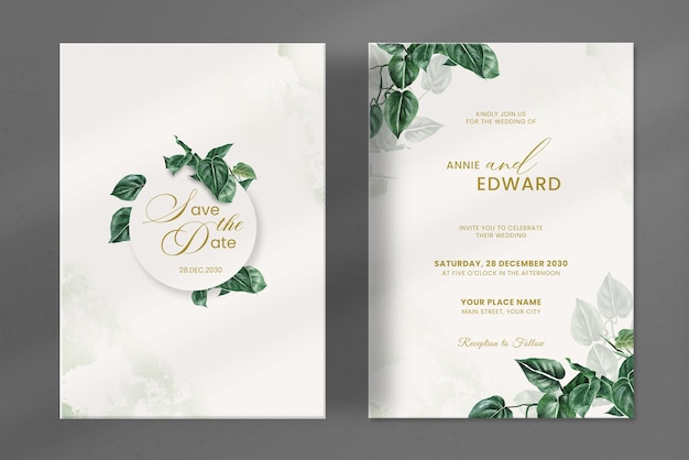 PSD modern wedding invitation template with green leaves watercolour