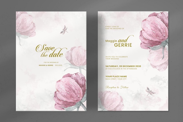 Modern wedding invitation template with pink watercolour flower