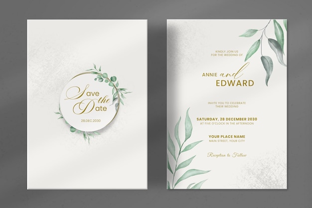 Modern wedding invitation template with vintage leaves