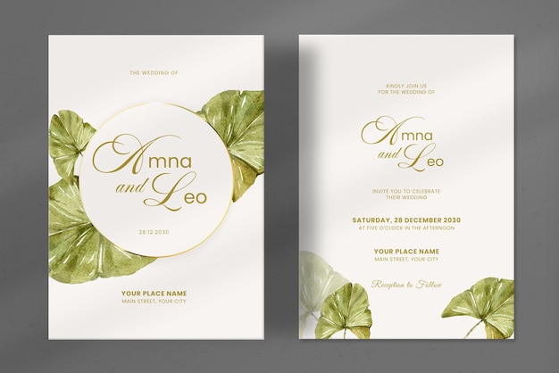 Modern wedding invitation with leaf