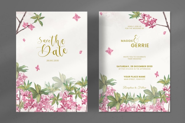 PSD modern wedding invitation with pink floral watercolor