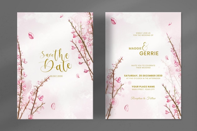 PSD modern wedding invitation with pink floral watercolor