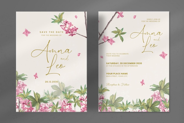 PSD modern wedding invitation with pink floral watercolor