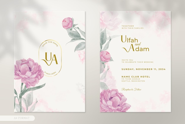 Modern wedding invitation with pink watercolour flower ornament