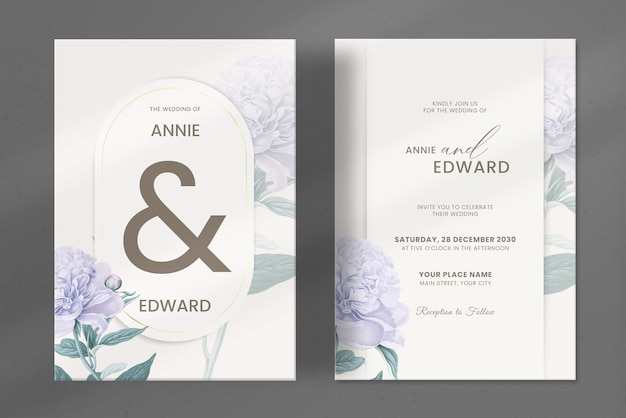 Modern wedding invitation with purple flower