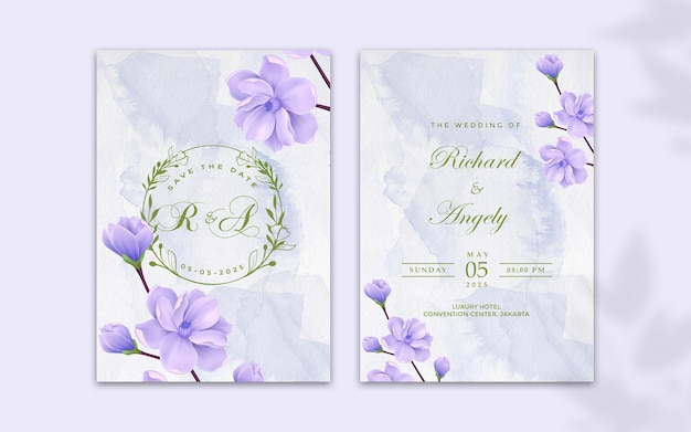 PSD 紫色の葉と花の水彩画の装飾品とモダンな結婚式の招待状