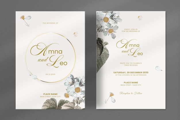 PSD modern wedding invitation with vintage white flower watercolor