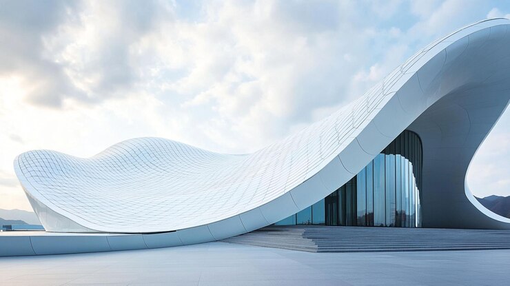 PSD modern white building with flowing curved facade under a cloudy sky