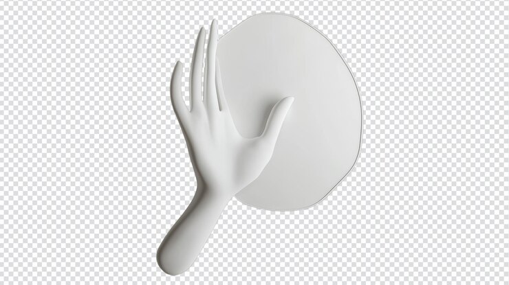 PSD a modern white hand sculpture holding a circular mirror against a transparent background showcasing minimalist design