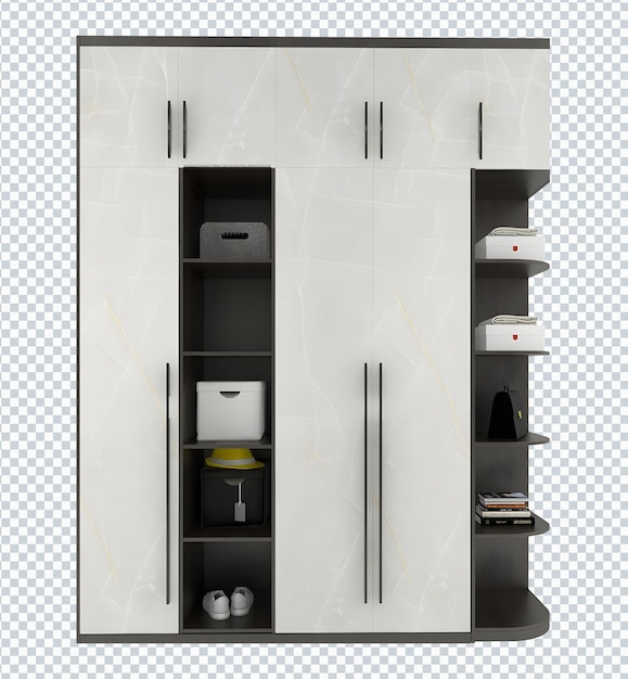 Modern white plywood display cupboard transparent.