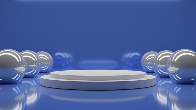 파란색 배경에 공이 있는 현대적인 흰색 연단