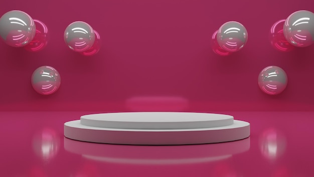 Modern white podium with balls on pink background