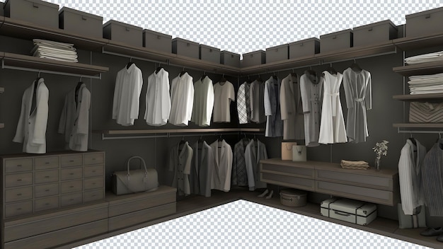 modern wooden corner wardrobe and clothes transparent