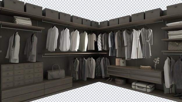 PSD modern wooden corner wardrobe and clothes transparent