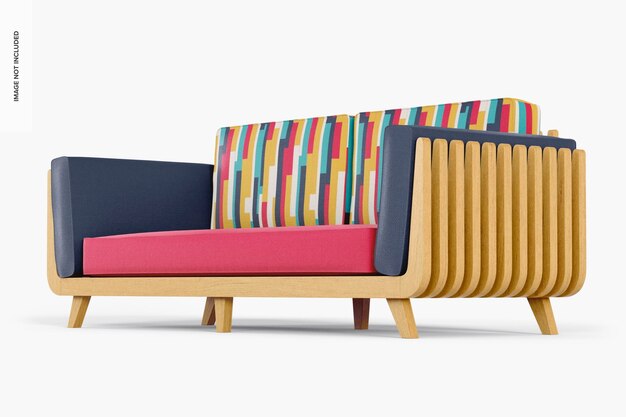 PSD moderno divano in legno mockup, vista a destra