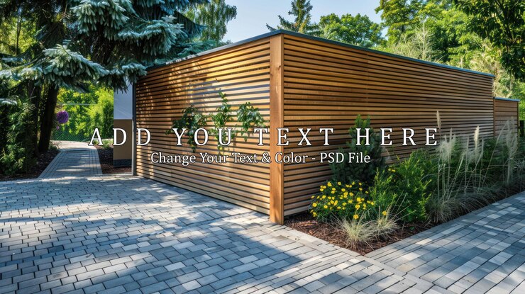 PSD modern wooden wall with a pathway in a backyard