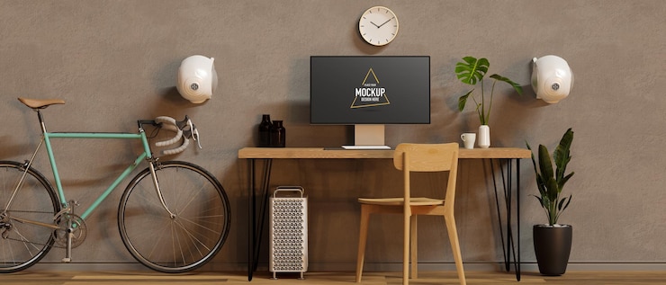 PSD modern working space with computer desk decorations chair and bike decorated in the room  