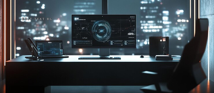 PSD modern workplace at night with computer laptop and city view