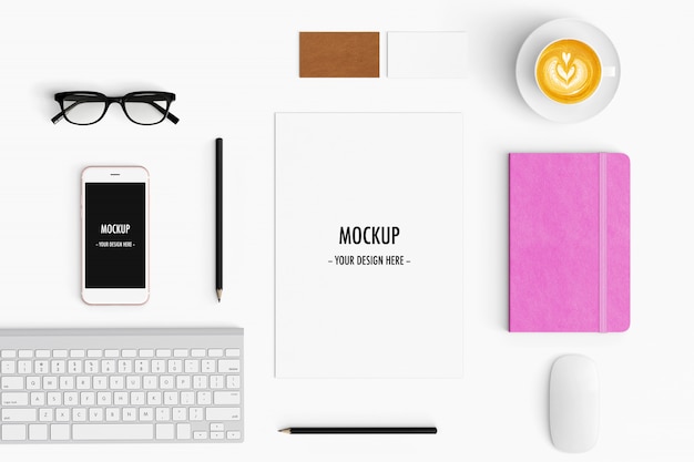 PSD  modern workspace. top view. flat lay style