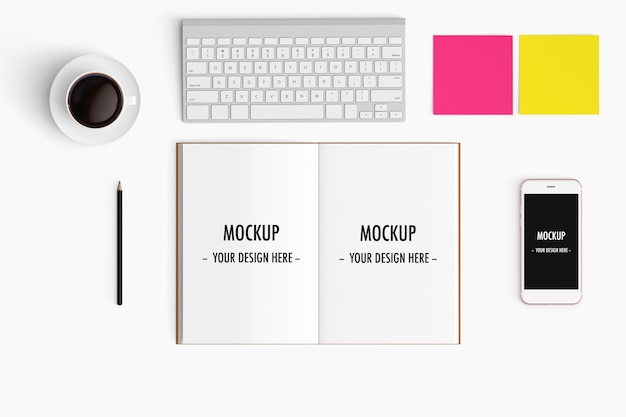 PSD modern workspace. top view. flat lay style