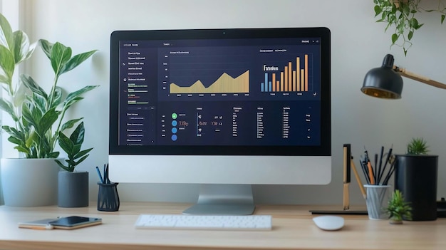 Modern workspace with computer displaying financial graphs and charts Home office setup with plants desk supplies and a computer monitor showing data visualizations