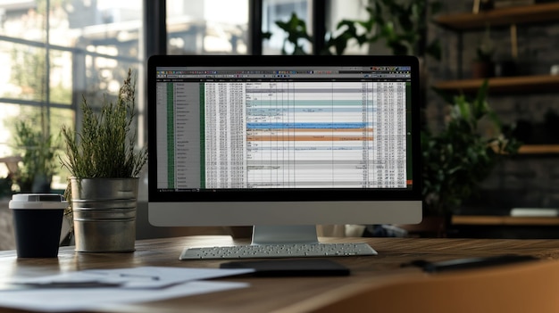 Modern workspace with computer showing project management software