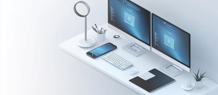 PSD современное рабочее пространство с двойными мониторами, клавиатурой, смартфоном и минималистскими аксессуарами